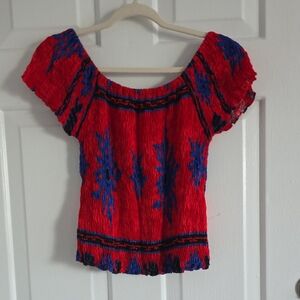 Vintage Red Off-Shoulder Embroidered Peasant Blouse
